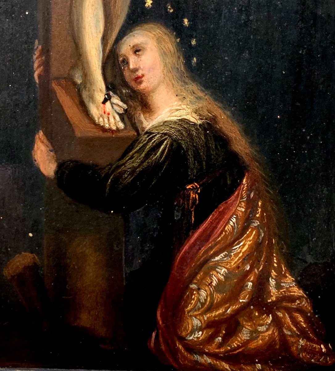 Crucifixion Avec Madeleine.Huile Sur Ardoise 22x18.XVII Siècle.-photo-4