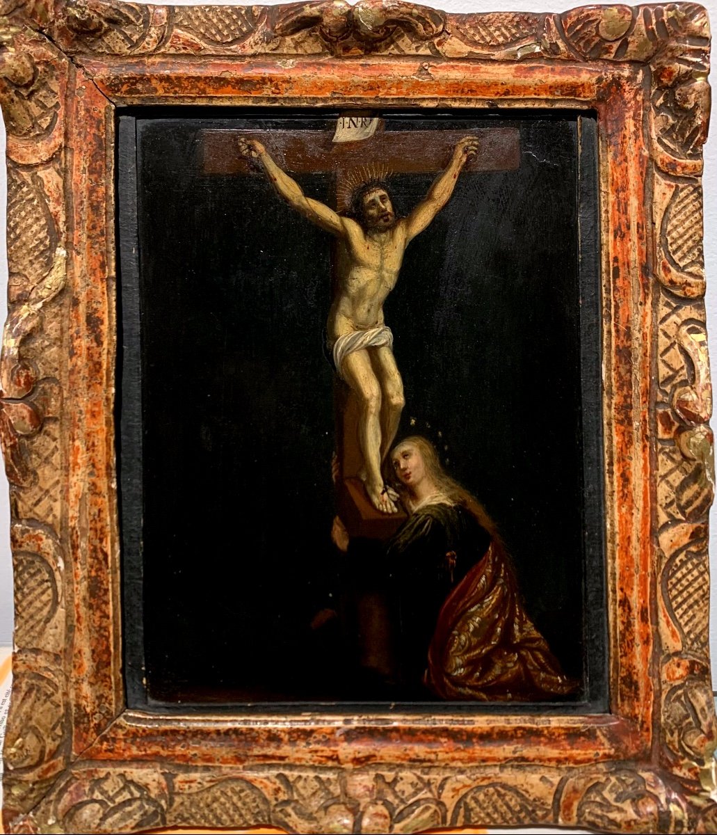 Crucifixion Avec Madeleine.Huile Sur Ardoise 22x18.XVII Siècle.