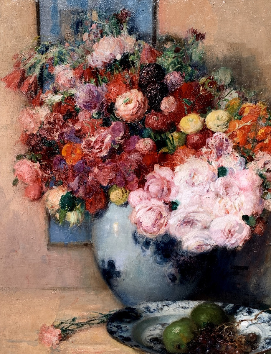 Fernand Toussaint 1873-1956. Grand Hst 100x80, Vase Des Fleurs.-photo-4