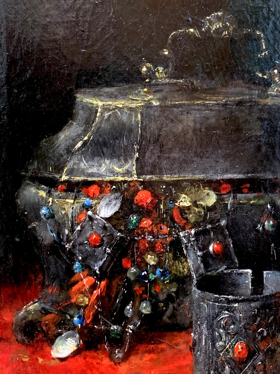 François Martin-Kavel 1861-1931.Coupe Satzuma Et Bijoux. Huile Sur Toile 73x60-photo-3