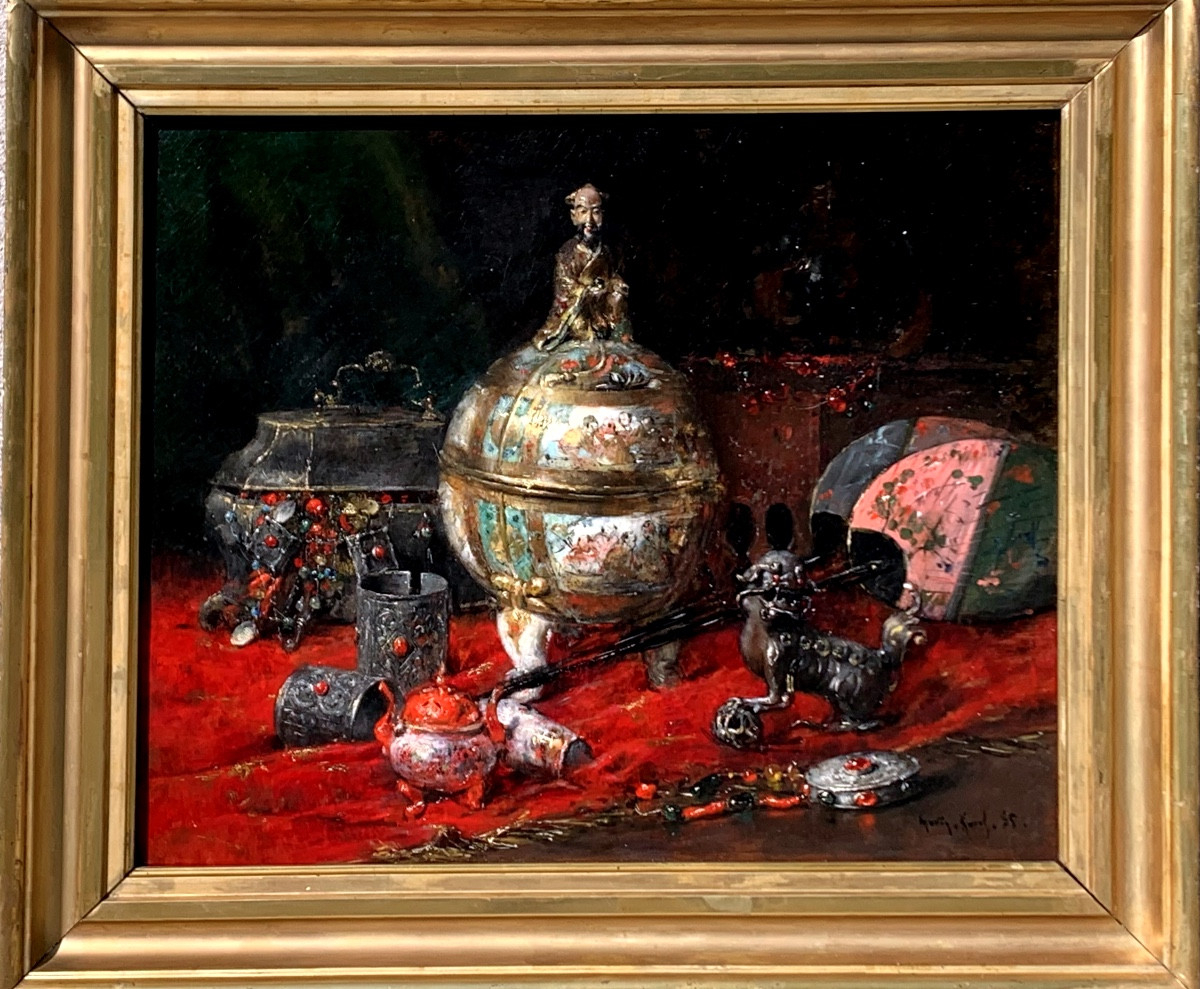 François Martin-Kavel 1861-1931.Coupe Satzuma Et Bijoux. Huile Sur Toile 73x60