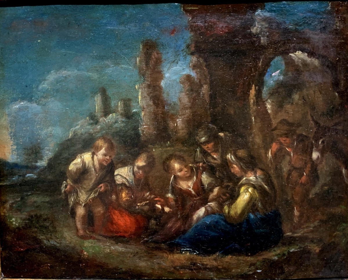 Scene With “pitocchi”and Ruins. Oil On Copper 32x24. Italian School Second Half Of The 17th -photo-2