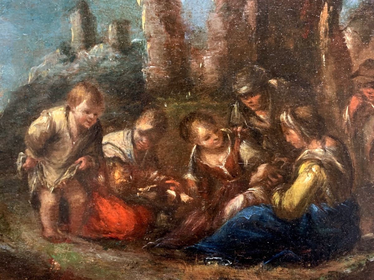 Scene With “pitocchi”and Ruins. Oil On Copper 32x24. Italian School Second Half Of The 17th -photo-2