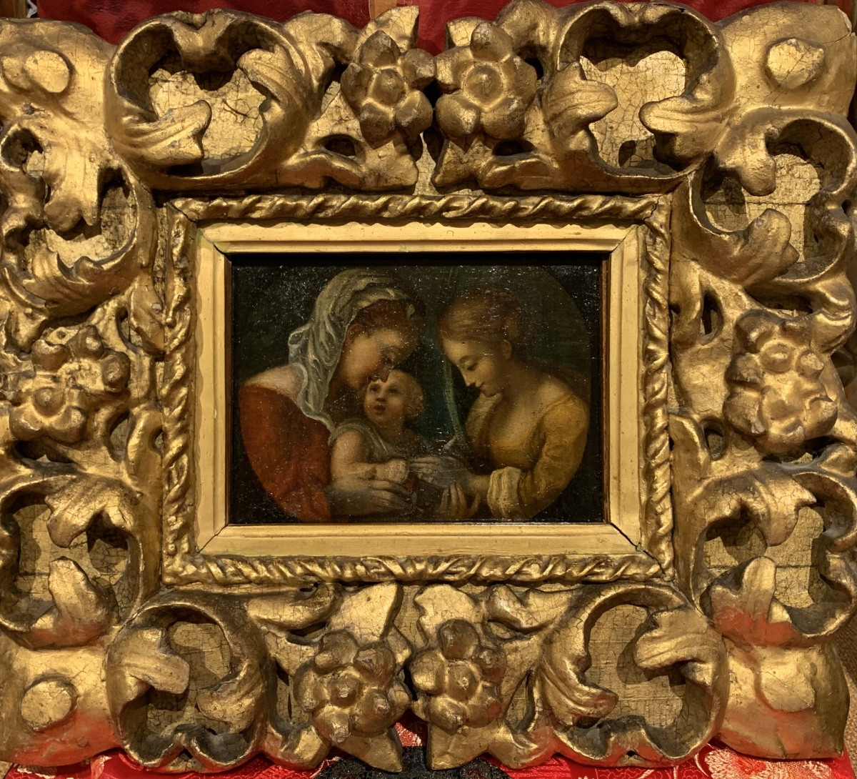 Mariage mystique de Sainte Catherine. Huile sur panneau 18x15. Suiveur de Correge, XVII siècle.