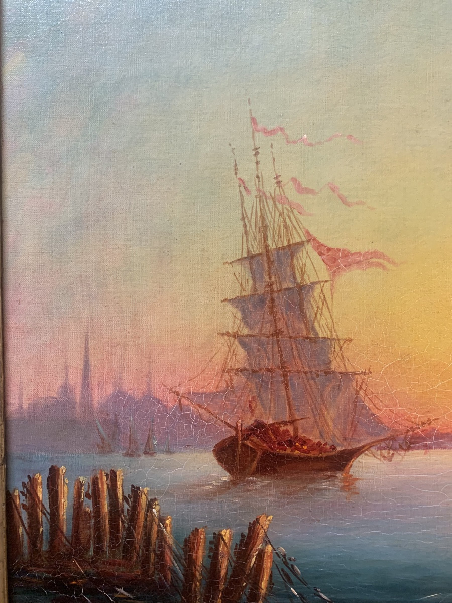 Coucher de soleil à Istanbul. Huile sur toile 55x46. Epoque fin XIX siècle.-photo-3