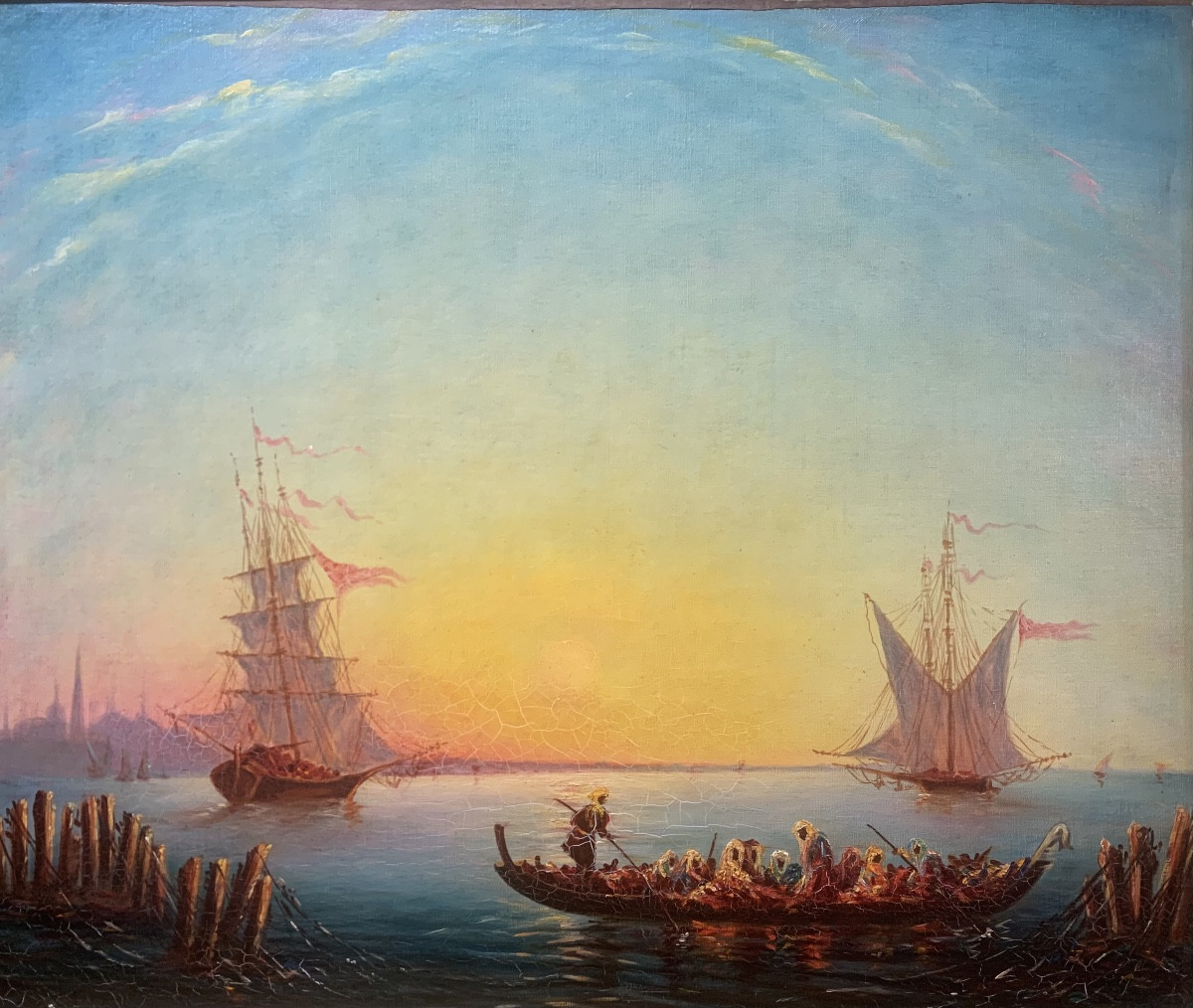 Coucher de soleil à Istanbul. Huile sur toile 55x46. Epoque fin XIX siècle.