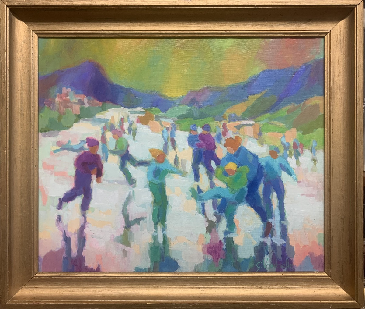 Premier pas sur glace. Guy Vanbelle(1931-) huile sur toile 46x38