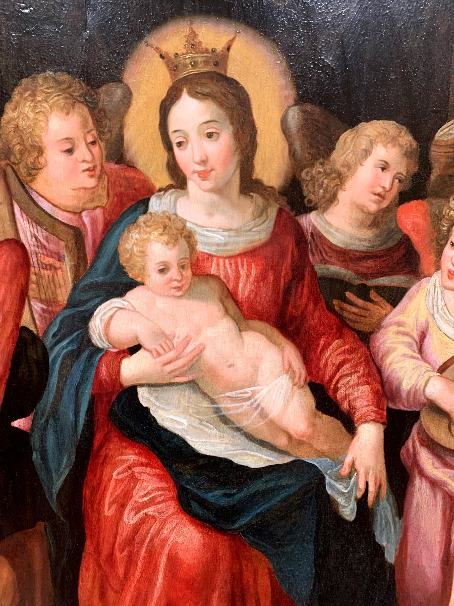 Vierge a’ l’Enfant avec Anges musiciens. HSP,99x74.Entourage de Hans Rottenhammer,1564-1625.-photo-4