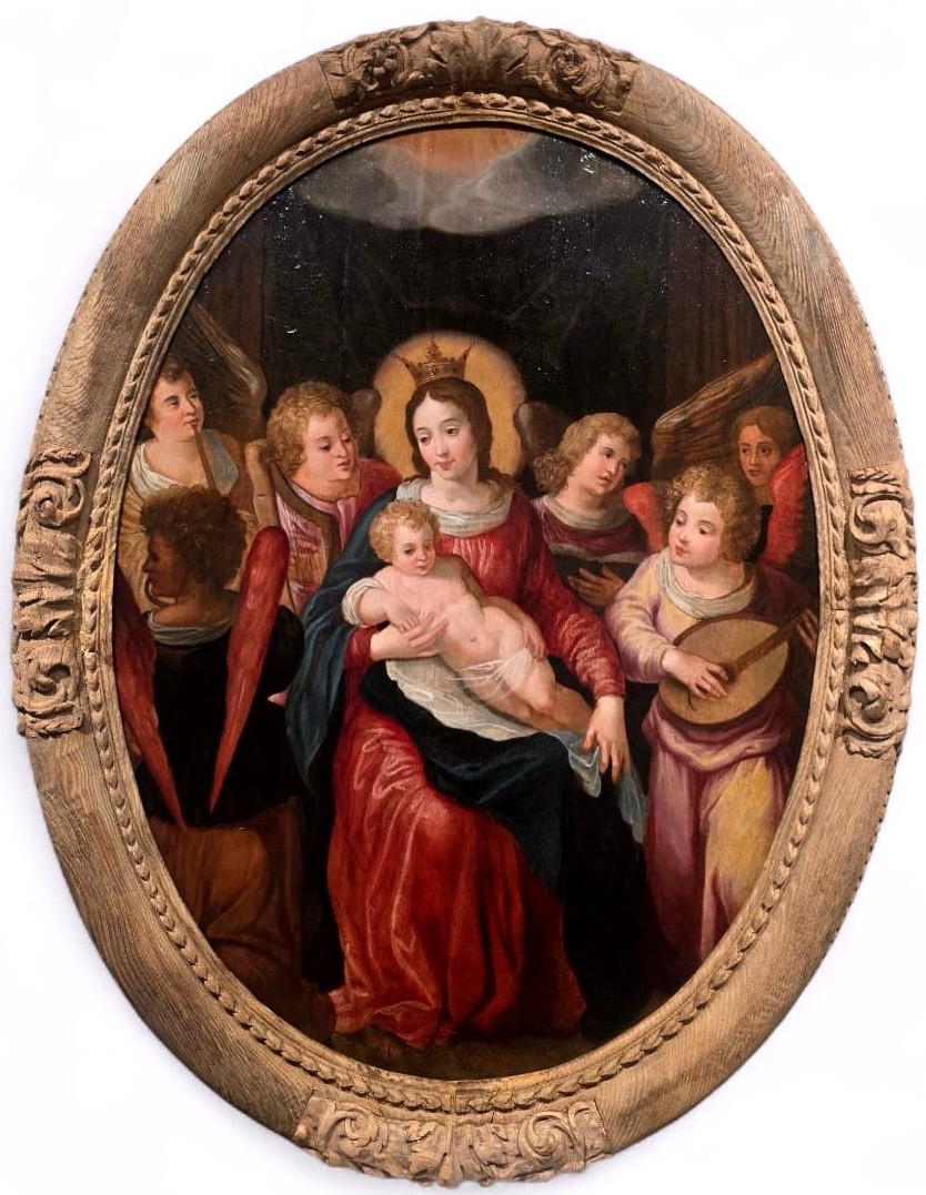 Vierge a’ l’Enfant avec Anges musiciens. HSP,99x74.Entourage de Hans Rottenhammer,1564-1625.