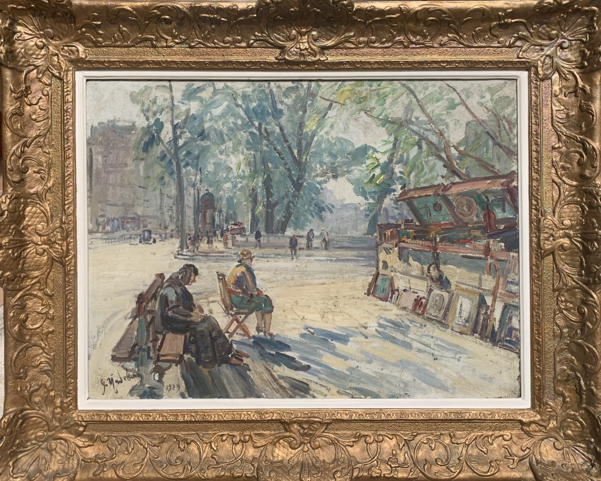 Les boiquinistes à Paris. HST 73x54 Signé Gustave Madelain ,daté 1929.-photo-2