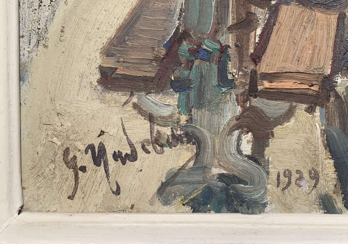 Les boiquinistes à Paris. HST 73x54 Signé Gustave Madelain ,daté 1929.-photo-3