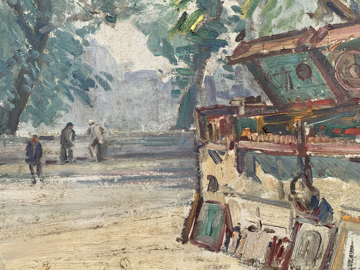 Les boiquinistes à Paris. HST 73x54 Signé Gustave Madelain ,daté 1929.-photo-4