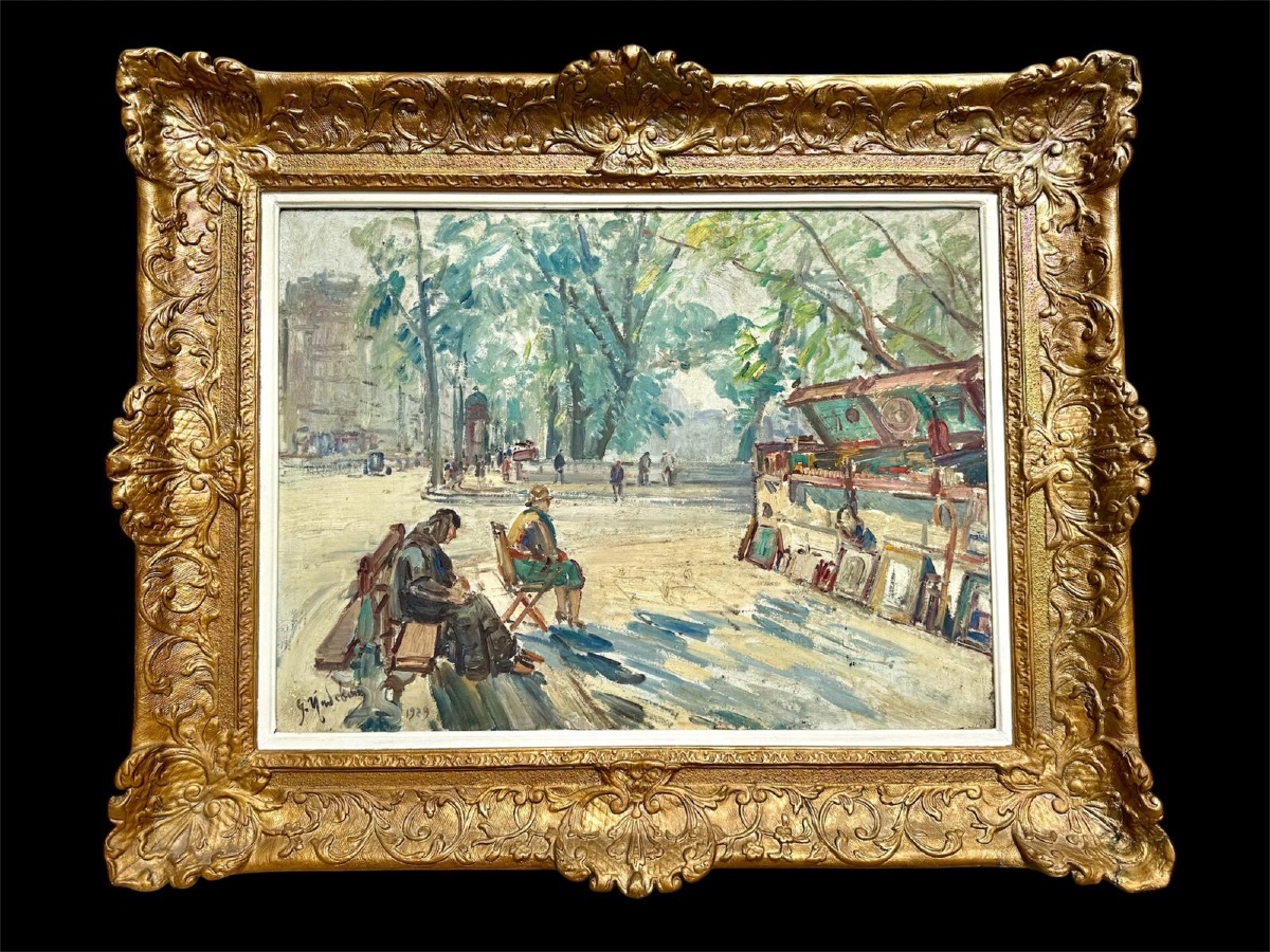 Les boiquinistes à Paris. HST 73x54 Signé Gustave Madelain ,daté 1929.-photo-1