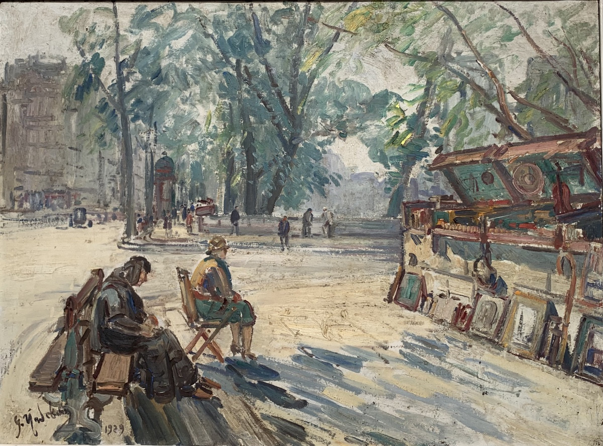 Les boiquinistes à Paris. HST 73x54 Signé Gustave Madelain ,daté 1929.