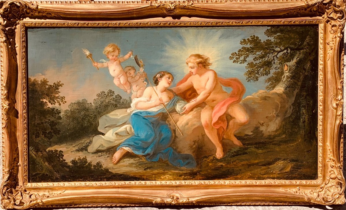 Gallant Scene. Height 83x45. Period Half Of The XVIII Century. Follower Of François Boucher.-photo-2