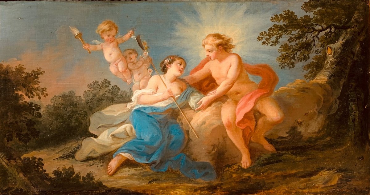 Gallant Scene. Height 83x45. Period Half Of The XVIII Century. Follower Of François Boucher.