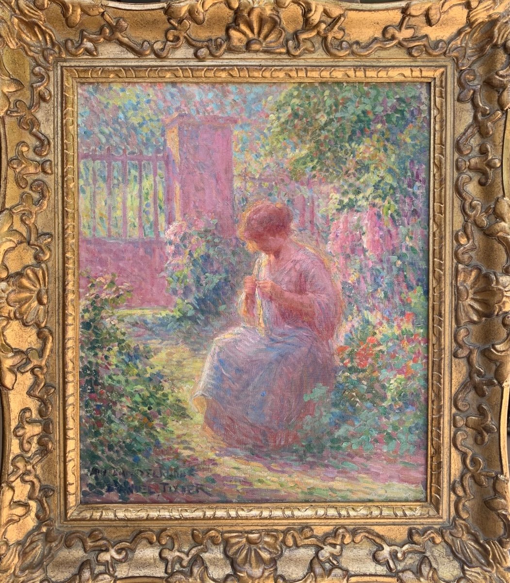 Daniel Tixier 1862-1915, Pointillist School. Young Girl In The Garden. Oil Canvas 55x46.-photo-4
