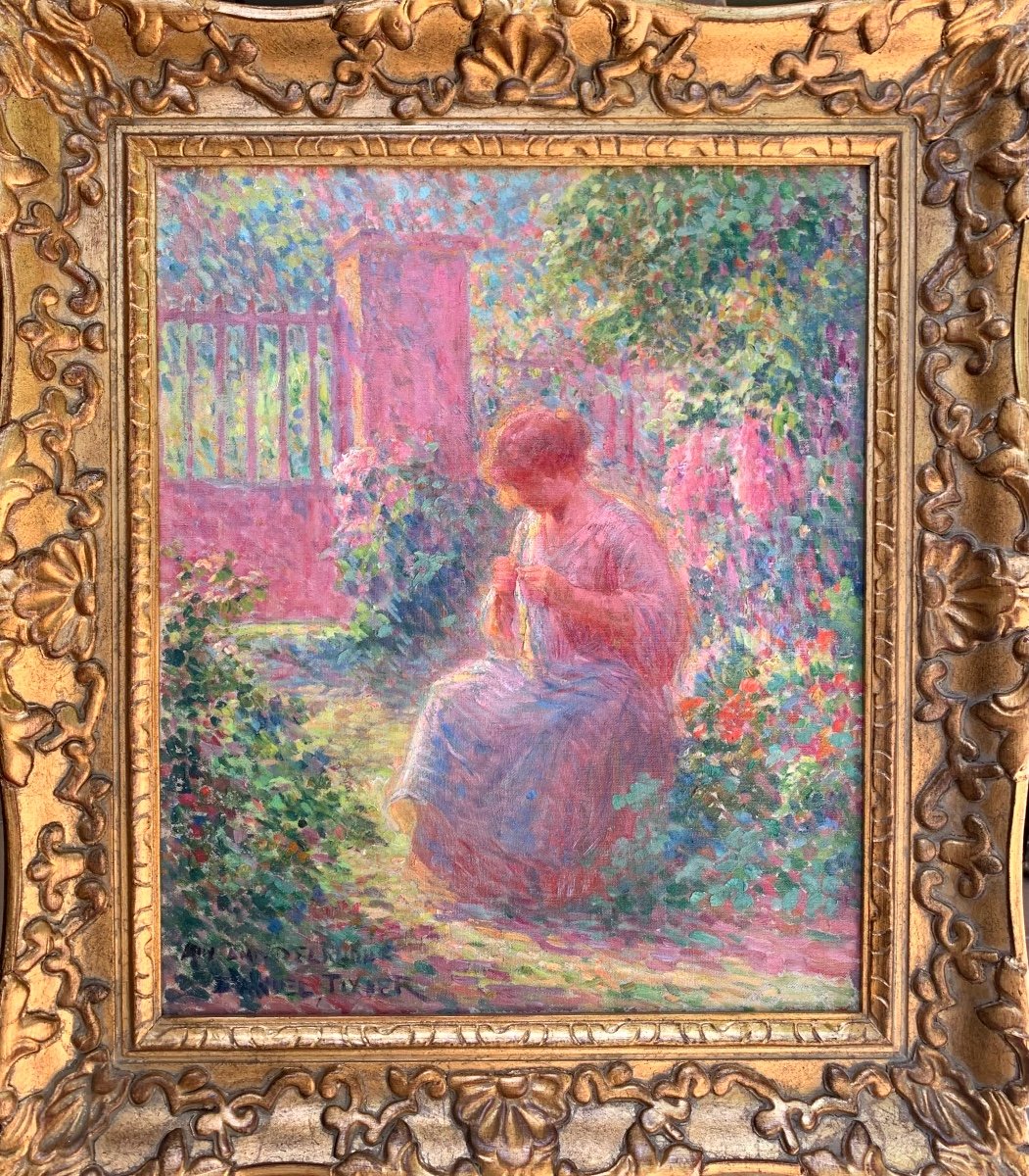 Daniel Tixier 1862-1915, Pointillist School. Young Girl In The Garden. Oil Canvas 55x46.