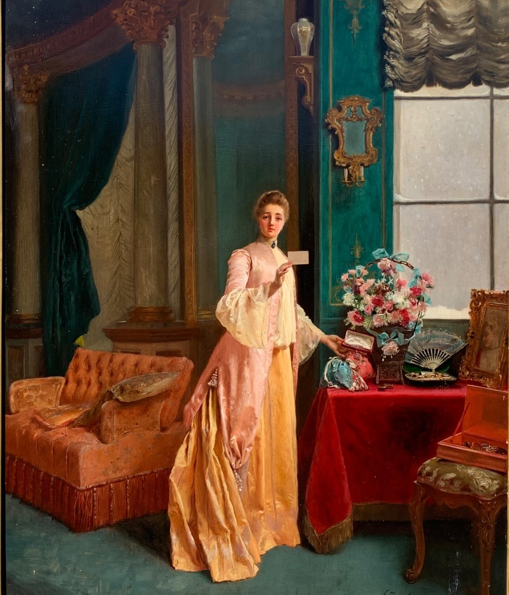 Gustave Jacquet(1846-1909)girl Receives A Gift. Hsp 65x54-photo-2