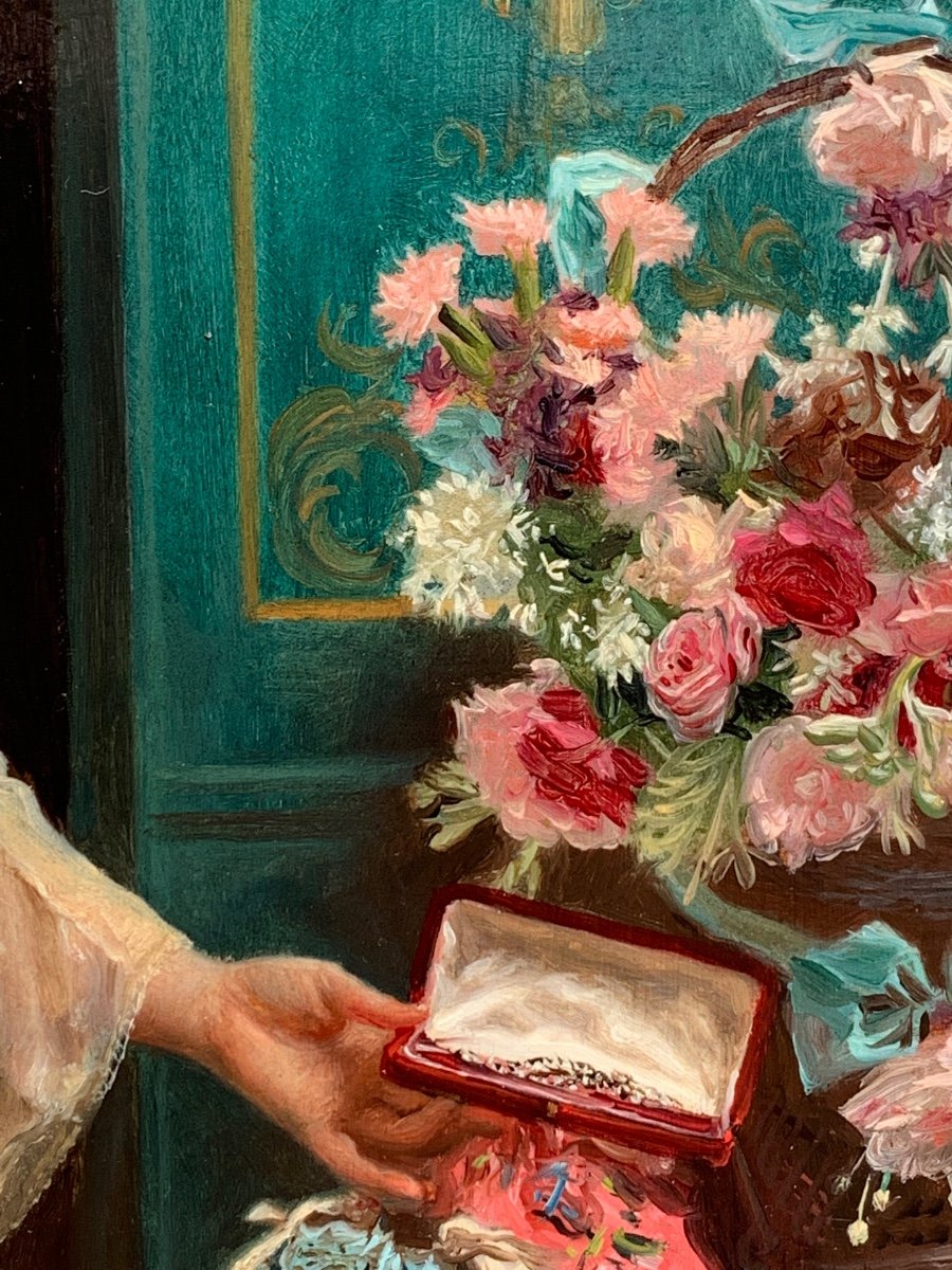 Gustave Jacquet(1846-1909)girl Receives A Gift. Hsp 65x54-photo-4