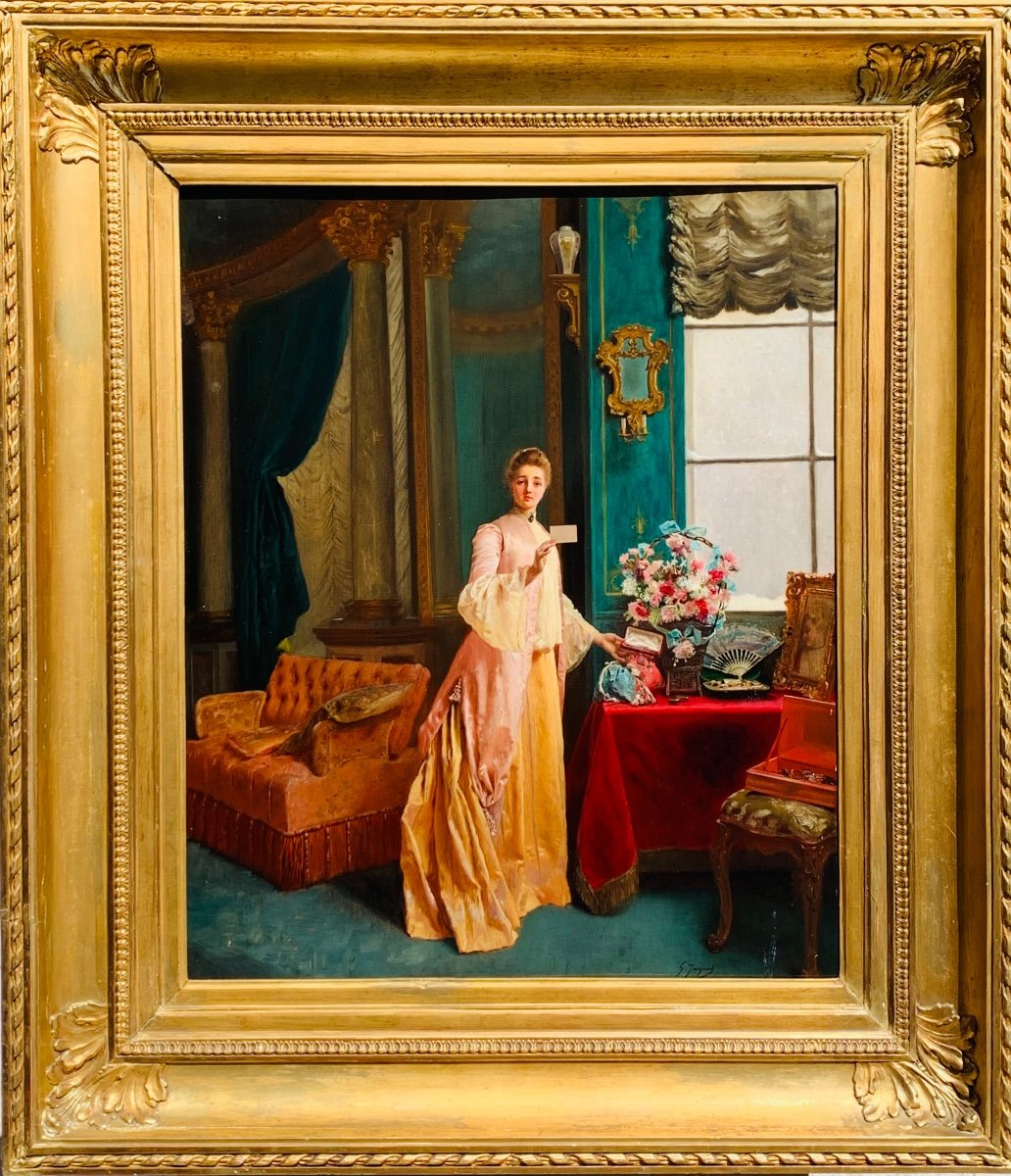 Gustave Jacquet(1846-1909)girl Receives A Gift. Hsp 65x54