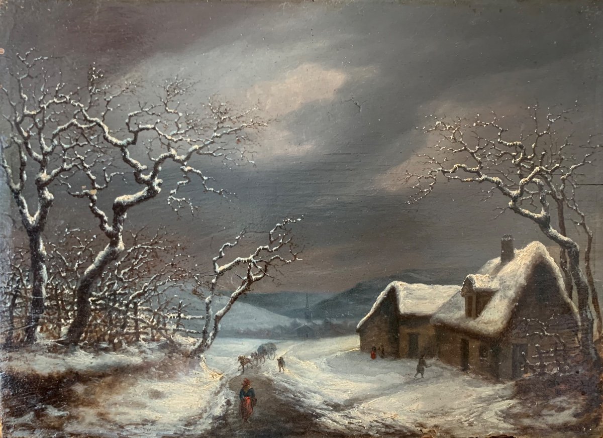 Winter Landscape. Oil Panel 23.5x32.5. Signed Alphonse Cassard, Dated 1837.