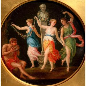 Faun And Three Dancing Nymphs. Oil Canvas 41x41, Round 37. Early 19th.
