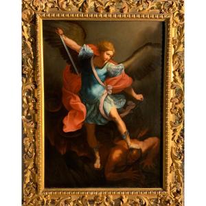 Saint Michael The Archangel.large Oil On Canvas 100x140. 19th Century.