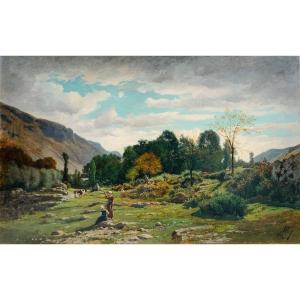 Landscape With Schepherdesses. Oil  On Canvas 151x95. Horace Fonville 1832-1914