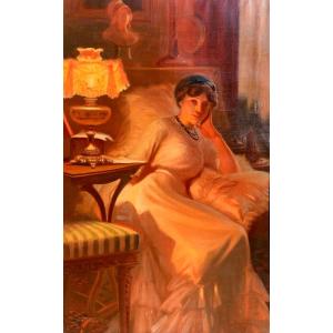 élégant Woman In A Interior. Oil On Canvas 105x65. Signed étienne Chauvelot, Dated 1910.