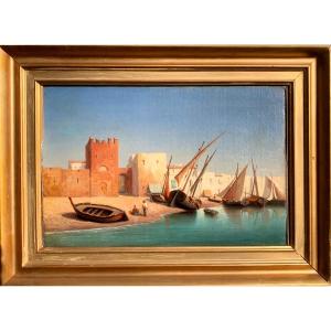 View Of A Mediterranean Port. Olio On Canvas 40x27. Late 19th Century. 