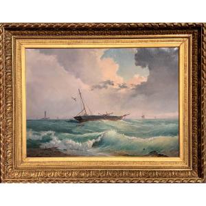 Boat In Rough Seas. Oil On Canvas 92x68. Dominique Trachel (1830-1897)