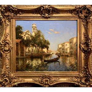 Gondole sur un canal à Venice. HST,56x47cm. Albert Duprat(Venice 1882-1974)