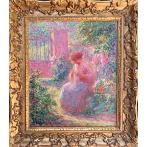 Daniel Tixier 1862-1915, Pointillist School. Young Girl In The Garden. Oil Canvas 55x46.