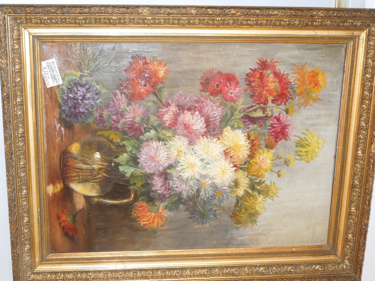 Bouquets Of Dahlias Oil On Canvas By Elise Fontaine Late XIX Eme-photo-2