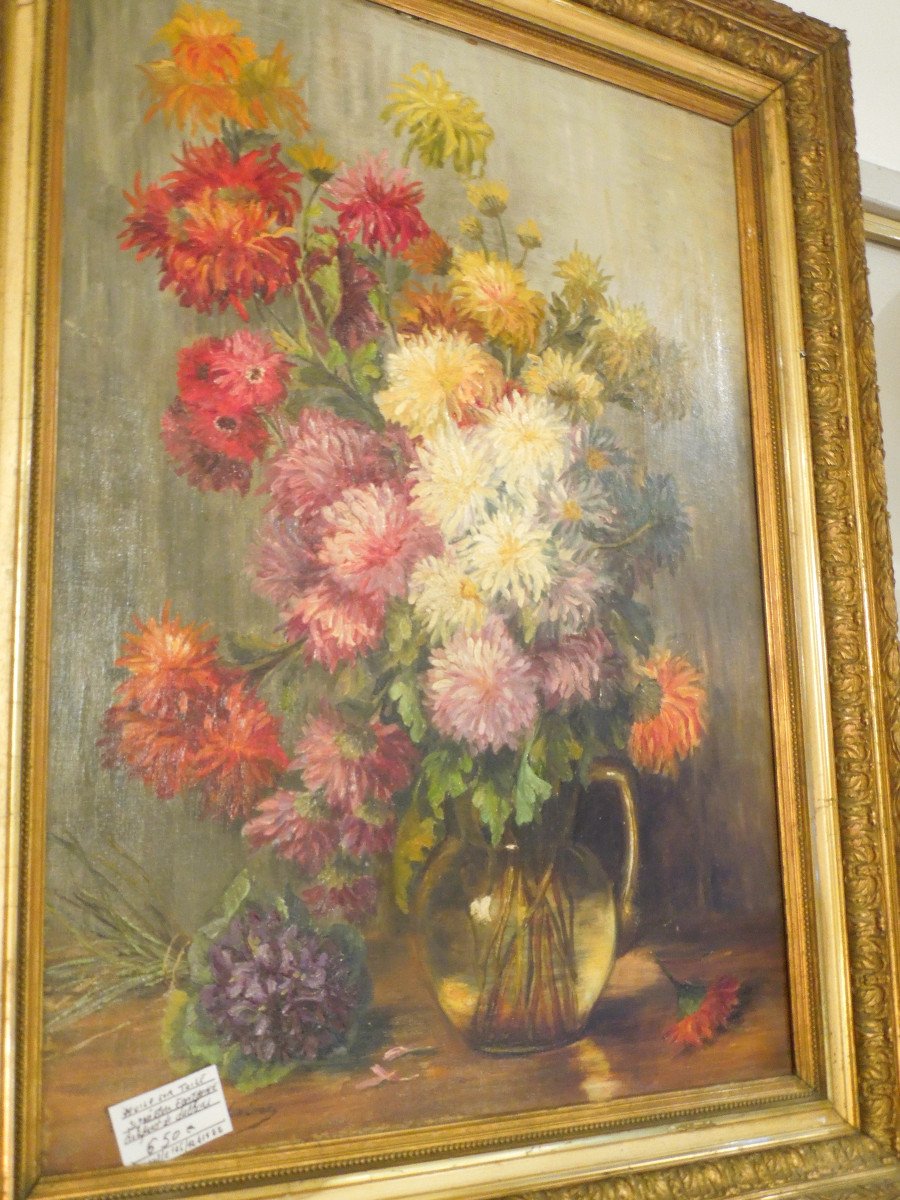 Bouquets Of Dahlias Oil On Canvas By Elise Fontaine Late XIX Eme-photo-1