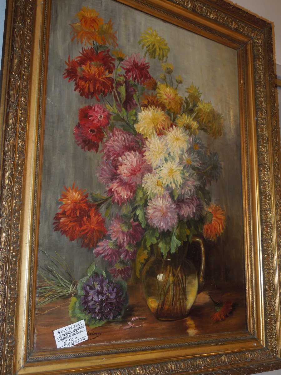 Bouquets Of Dahlias Oil On Canvas By Elise Fontaine Late XIX Eme-photo-2