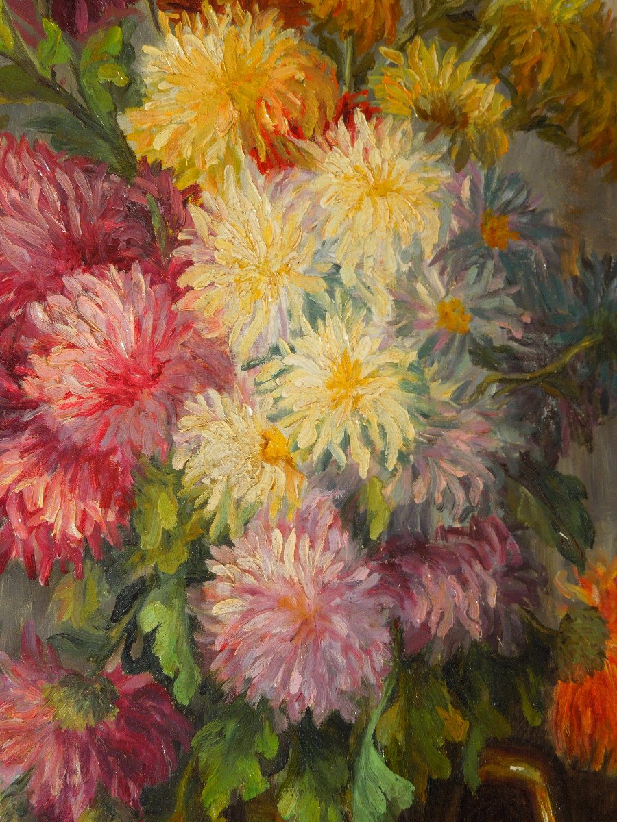 Bouquets Of Dahlias Oil On Canvas By Elise Fontaine Late XIX Eme-photo-3