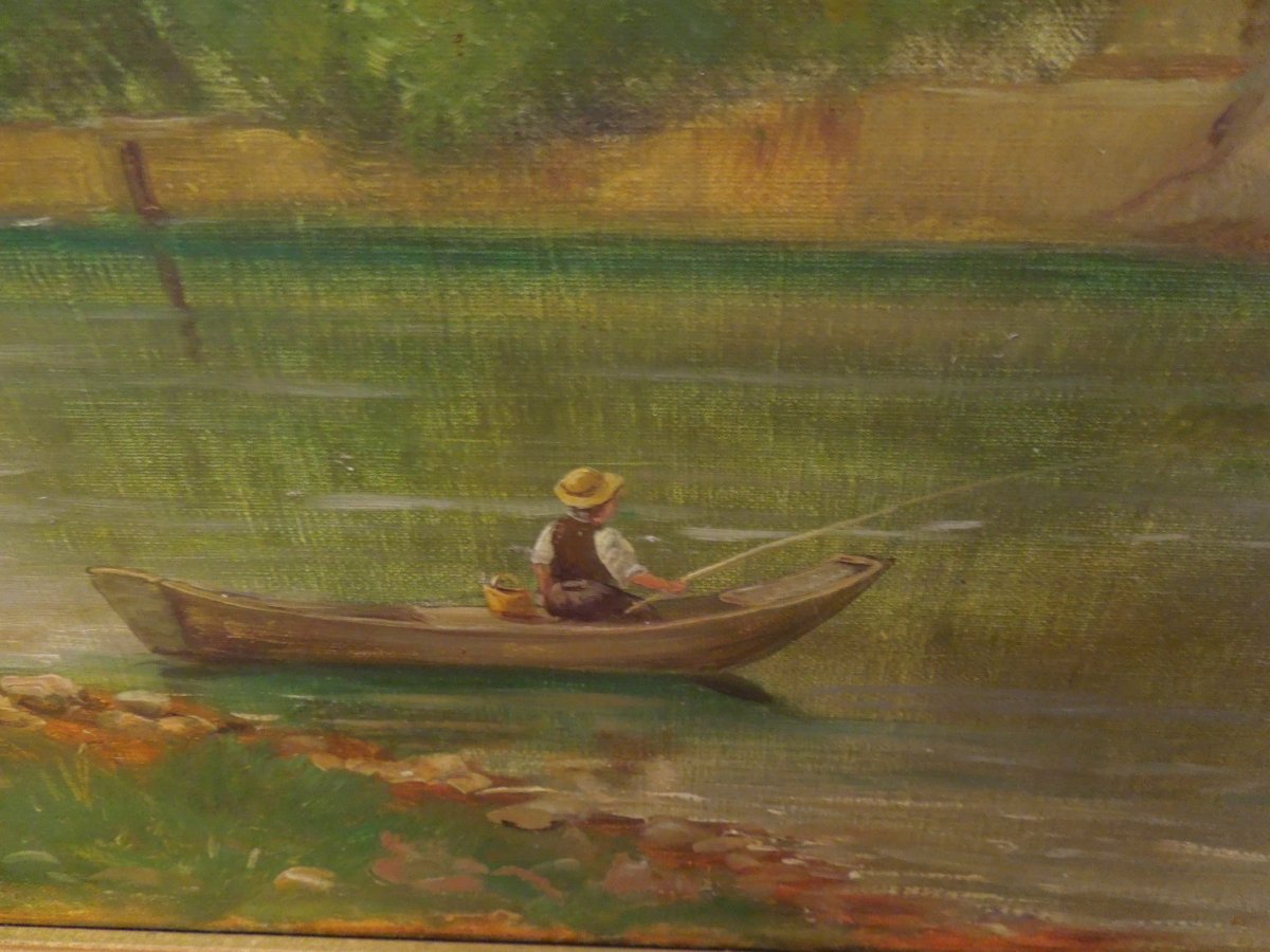 Fisherman In Front Of Ile Barbe In Lyon French School End 19 Eme Signed Fortune Wallon-photo-1