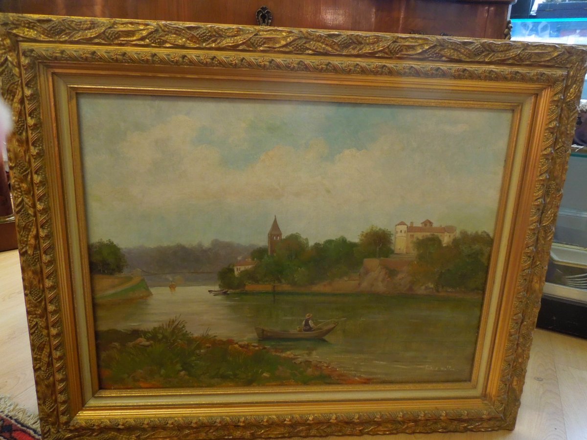 Fisherman In Front Of Ile Barbe In Lyon French School End 19 Eme Signed Fortune Wallon
