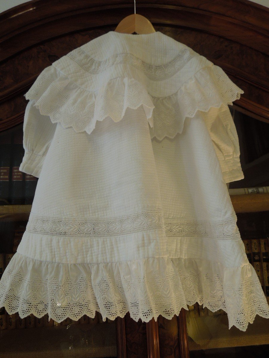 Baptism Coat In Cotton Pique With Anglaise Embroidery