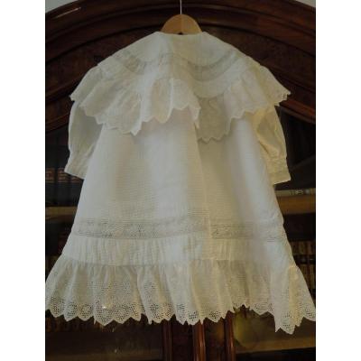 Baptism Coat In Cotton Pique With Anglaise Embroidery