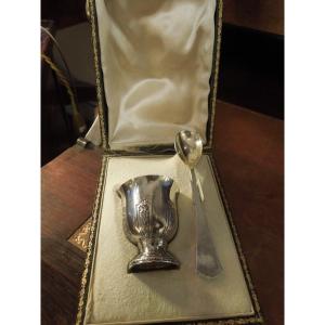 Egg Cup And Spoon Service Solid Silver In Its Case