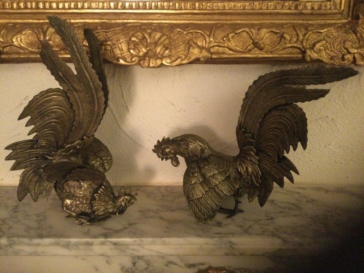 Paire De Coqs En Bronze Argenté -photo-2