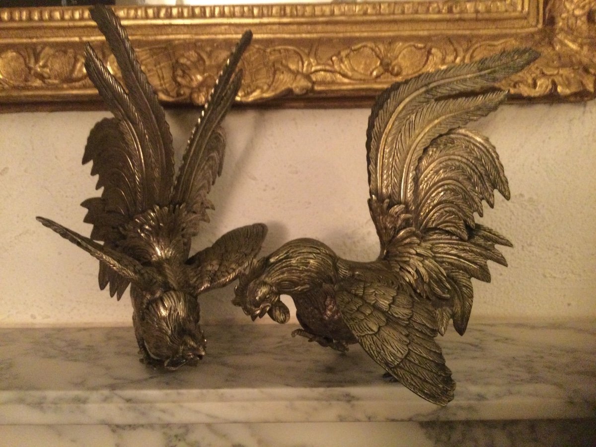 Pair Of Silver Bronze Roosters-photo-3