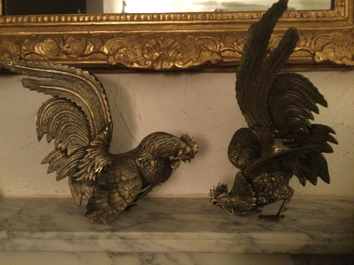Pair Of Silver Bronze Roosters