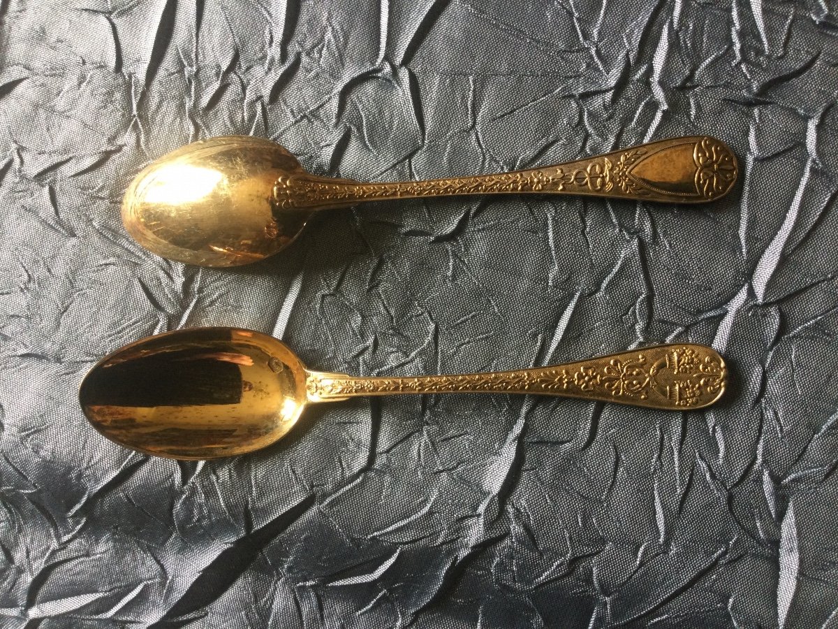 12 Mocha Spoons In Vermeil Minerva Hallmark-photo-2