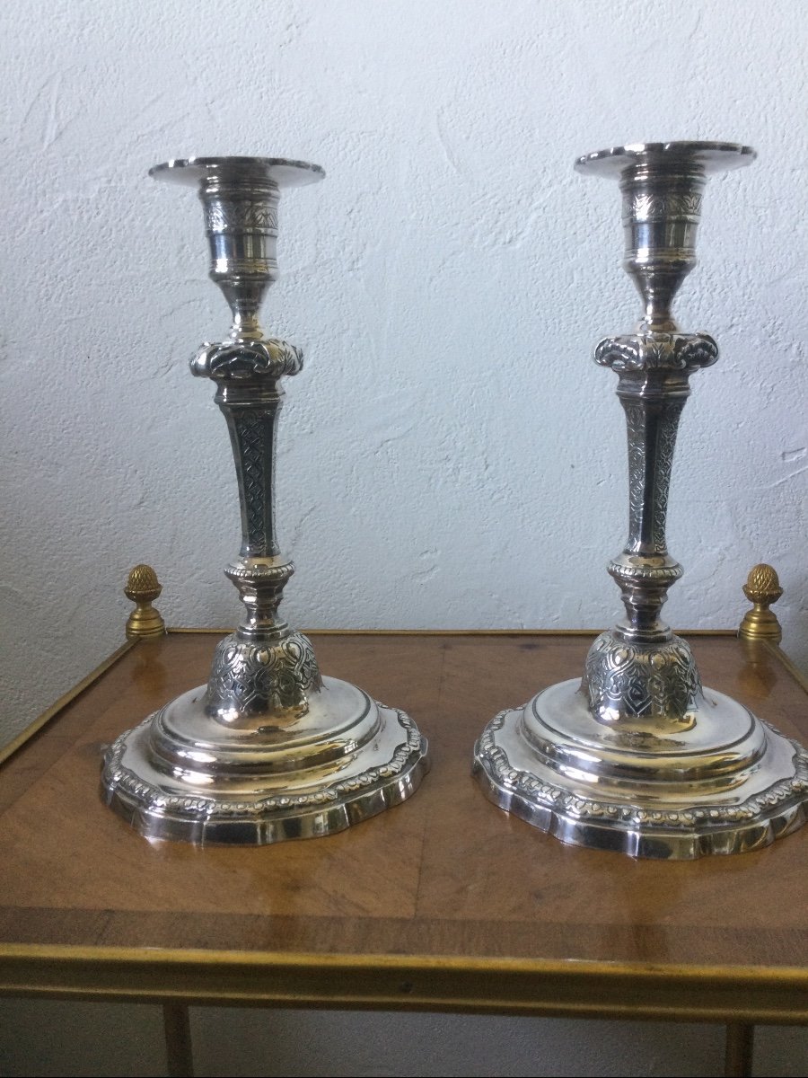 Pair Of Candlesticks In Silvered And Chiseled Bronze Regency Period