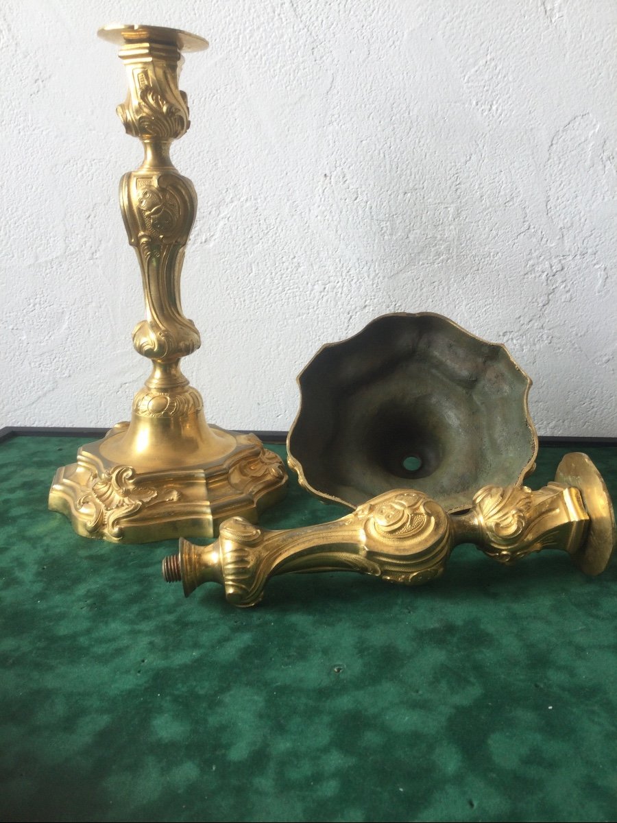 Grande Paire De Bougeoirs En Bronze Doré époque Régence -photo-2