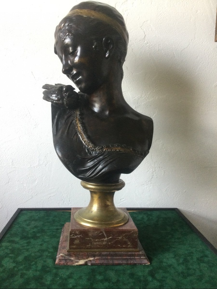 Bust Of Woman With Bird In Bronze Signed Carrier Belleuse
